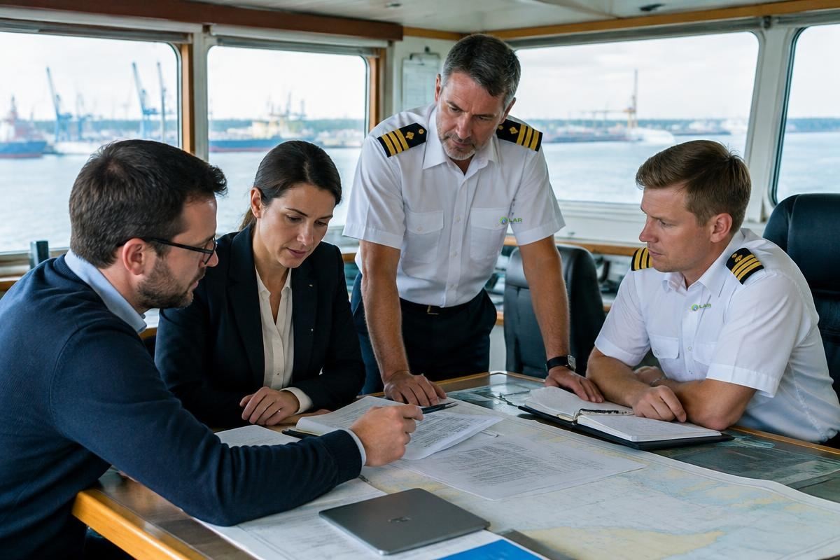Equipe técnica revisando documentação a bordo