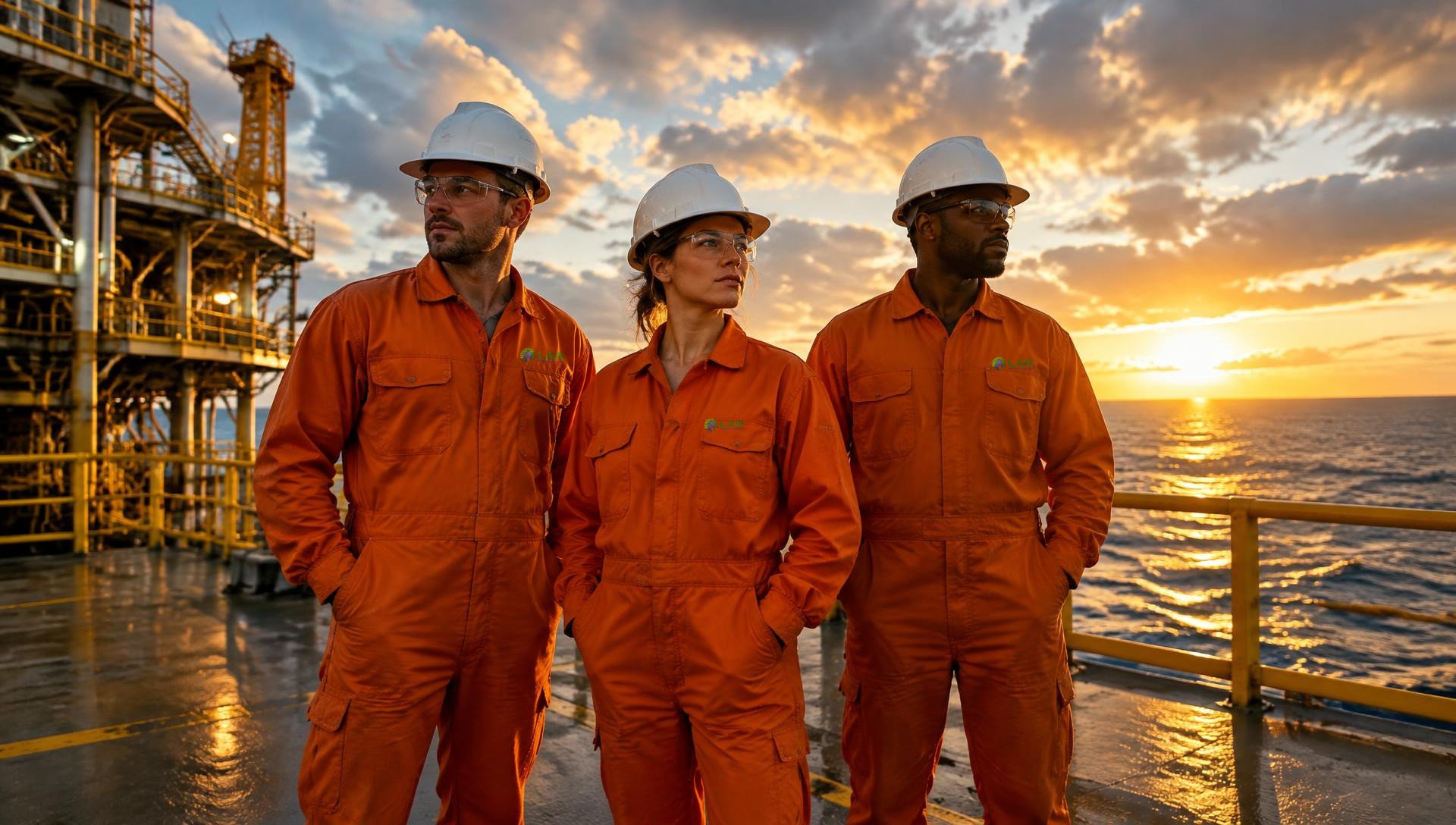 Equipe offshore em macacões sem identificação no convés de plataforma