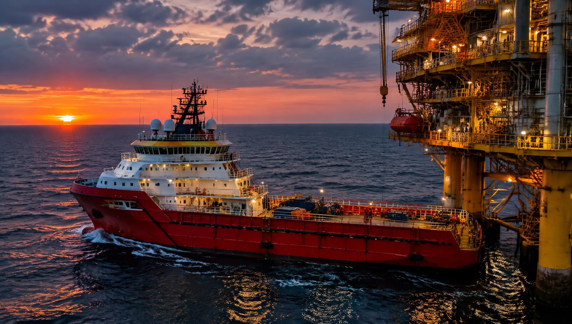 Embarcação de apoio operando junto a plataforma offshore ao entardecer