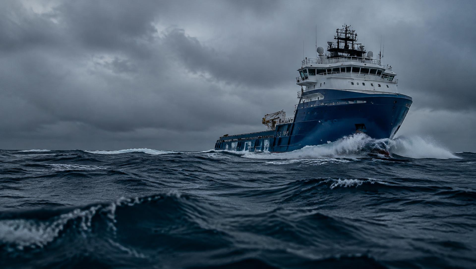 Navio de apoio offshore navegando em mar agitado