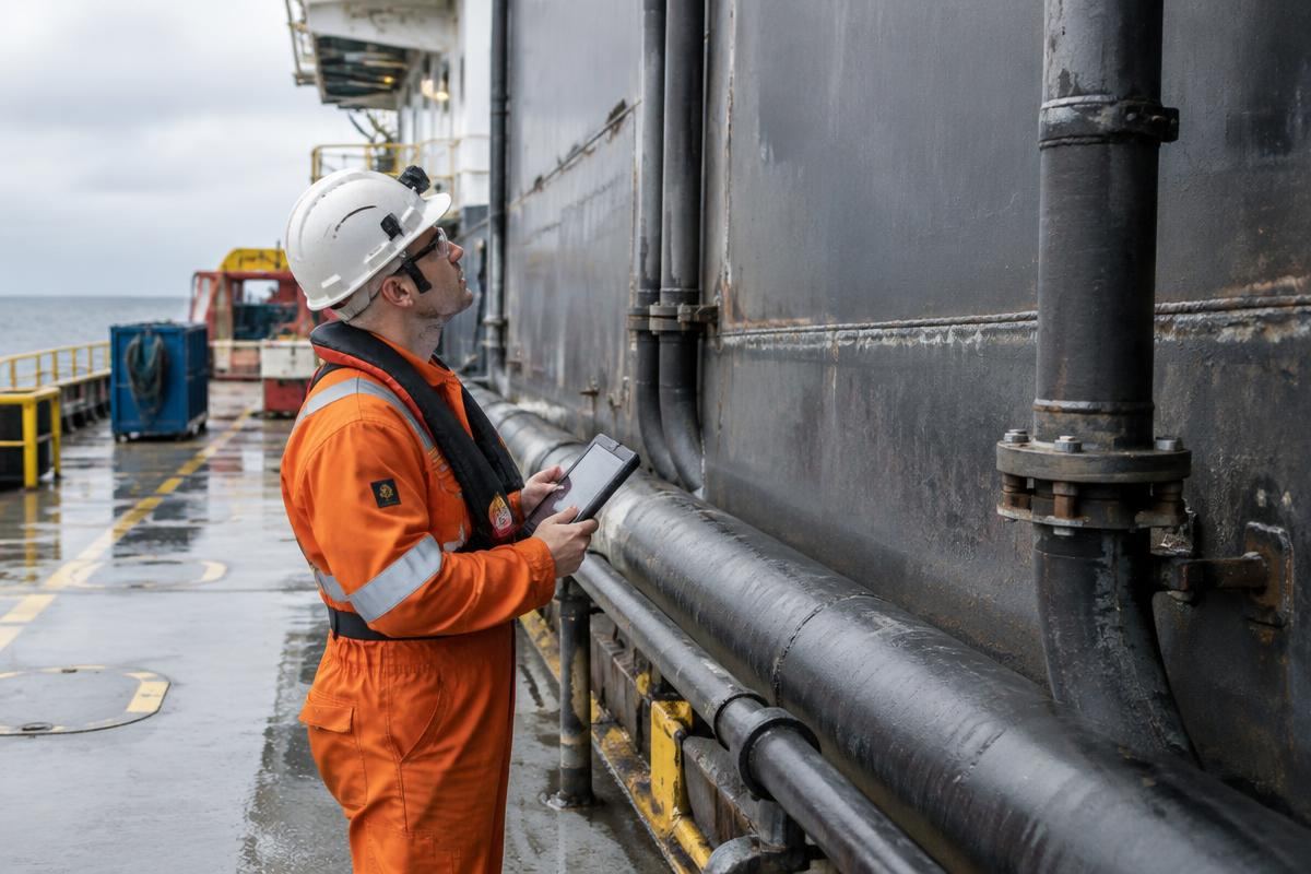 Inspetor técnico verificando tubulações no convés